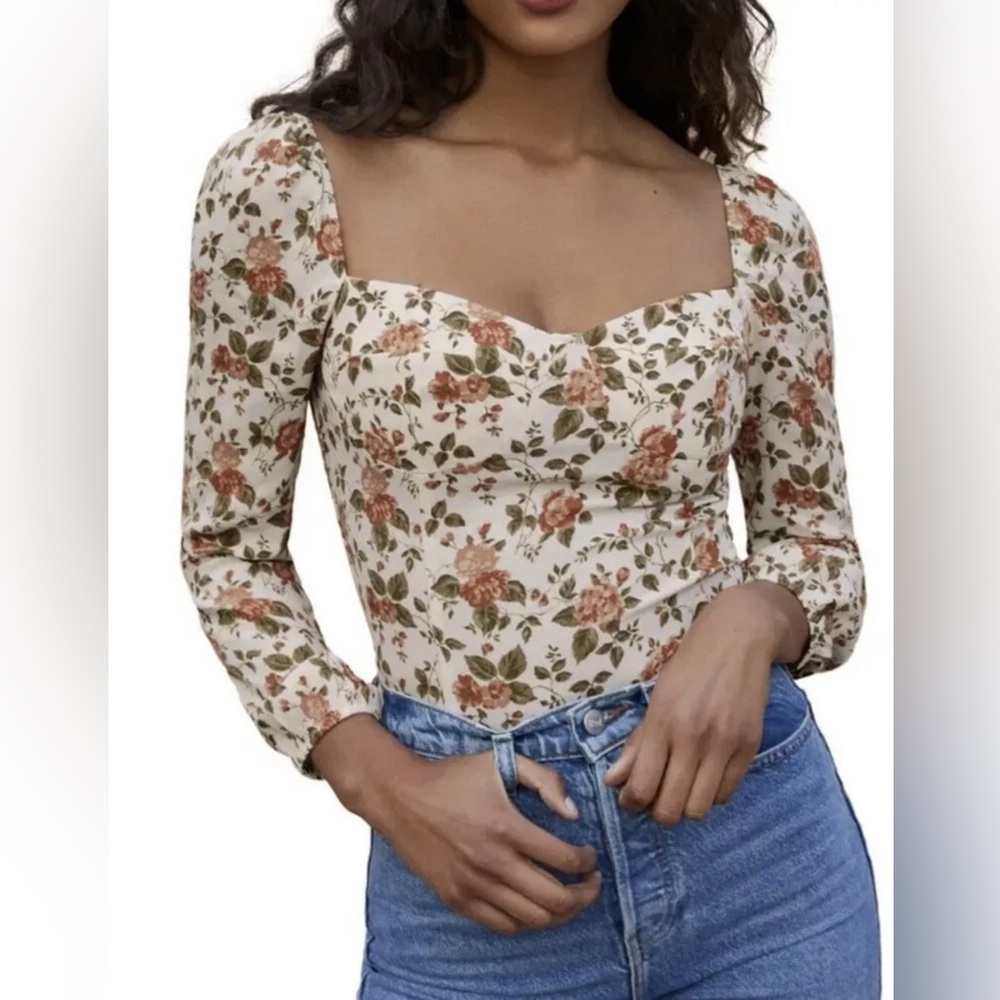 Reformation Cream Floral Sweetheart Puff Sleeve Top